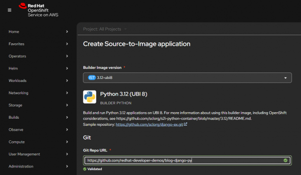Create an Application under Source-to-Image by declaring a URL to the intended application’s source code.