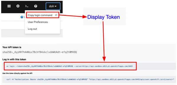 Log into the OpenShift cluster before you deploy. Copy the oc login command by selecting Display Token.