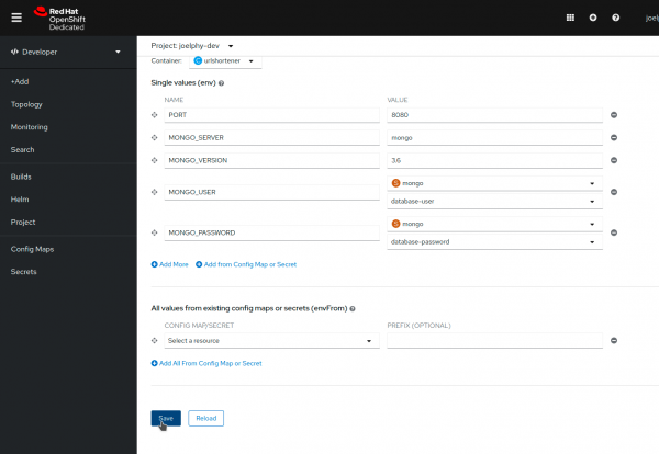 Configuring environment variables in the OpenShift UI.