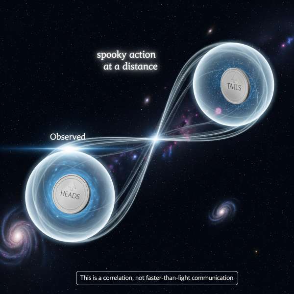 This visual demonstrates entanglement. This is the "spooky action at a distance" that Einstein described. When two qubits are entangled, the state of one is instantly correlated with the state of the other, no matter the distance between them. E.g., if one is measured as "heads," the other is guaranteed to be "tails."