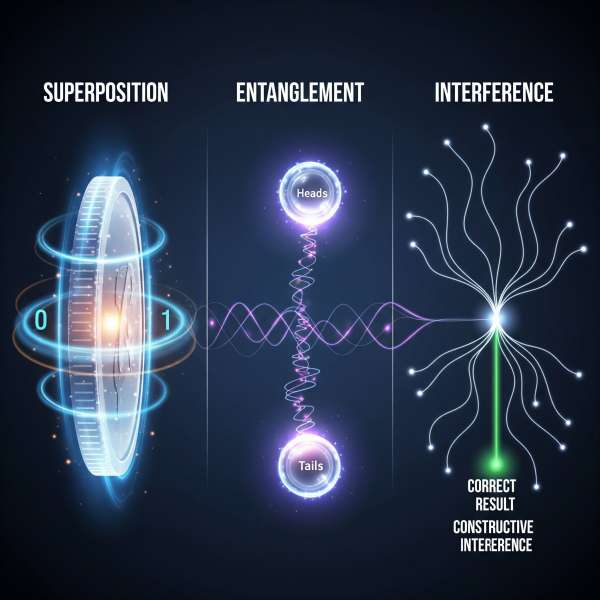 This visual represents a summary of superposition, entanglement and interference.