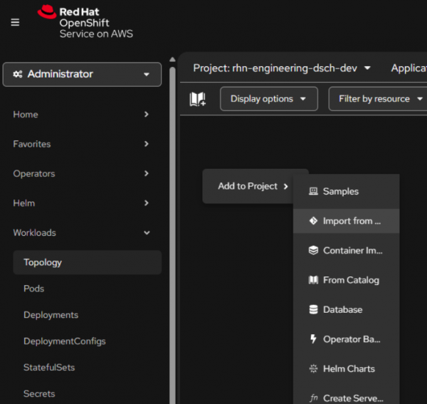 The OpenShift console is shown in Topology view. The Add to Project menu is displayed with the Import from Git option highlighted.