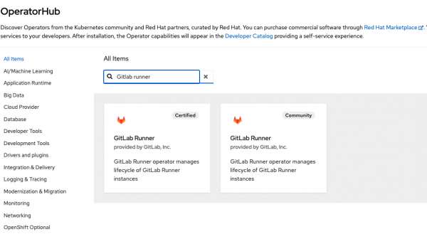 OperatorHub > Gitlab runner operator.