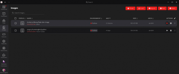 In your built images list, find flask-dev-image then click the right arrow under Actions.