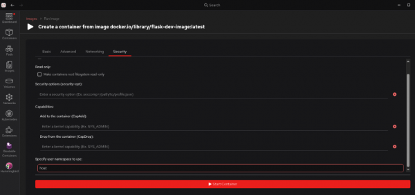 Review and adjust the container's security settings in the Security tab.