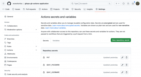 The Actions secrets and variables screen after creation of the secrets.