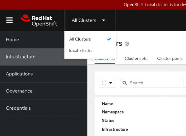 Picture of OpenShift UI selecting between local cluster and all clusters