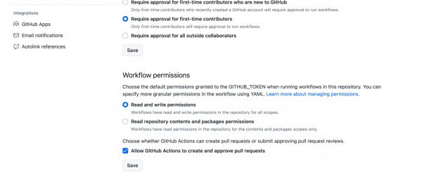 Workflow permissions for the manifests repository on GitHub