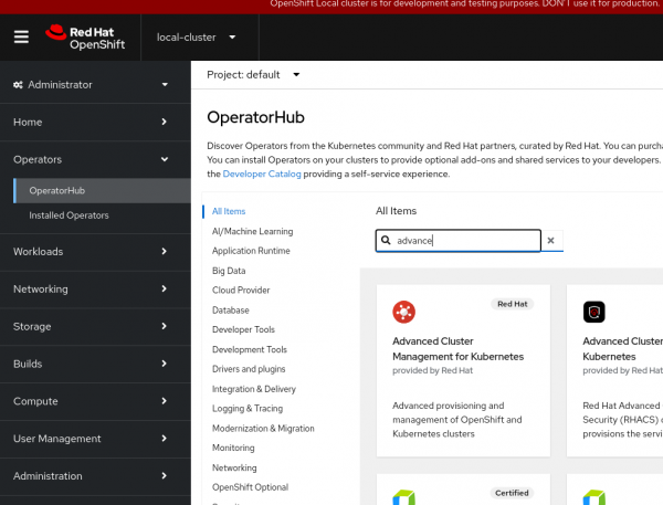 Picture of operator hub UI, with square for Red Hat Advanced cluster management for kubernetes displayed