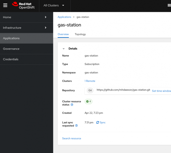 Picture of OpenShift UI showing summary page for the deployed gas-station application