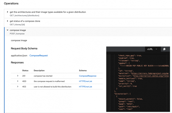 An example compose post request via the image builder API catalog