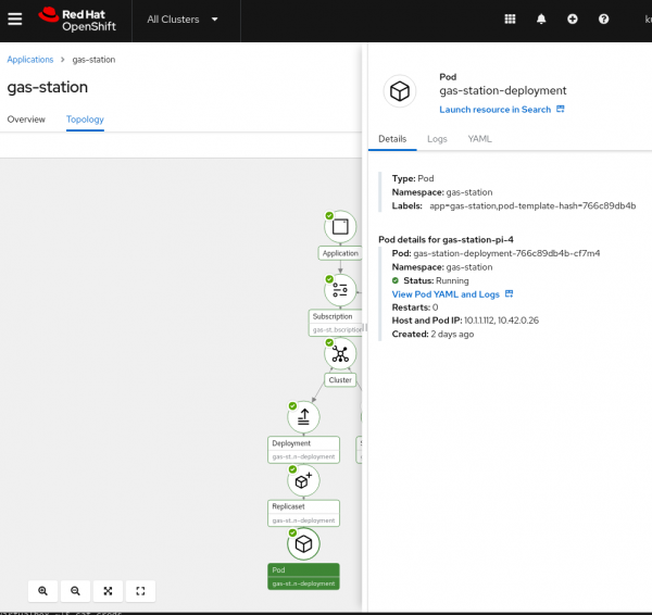 Picture of OpenShift UI showing topology for application and additional information for the selected component.