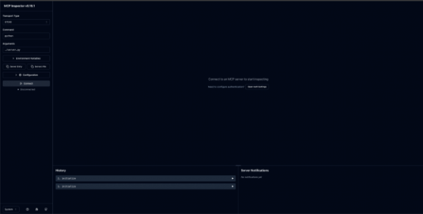 The dashboard for the MCP Inspector, a local web-based tool for monitoring and troubleshooting AI agent interactions with external tools. The main panel of the dashboard shows a list of recent events and their status, including the time they occurred and the tools involved.