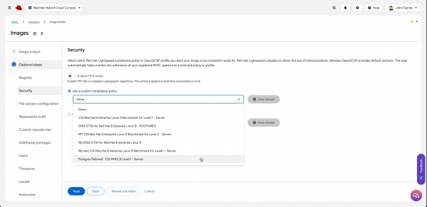 Red Hat Lightspeed image builder custom compliance policy drop-down.