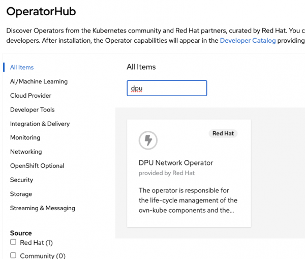 The DPU Network Operator shown in the Operator Hub catalog.
