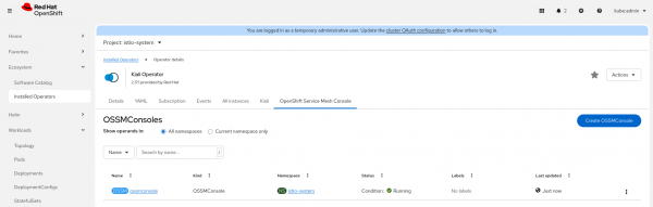 Creating an OpenShift Service Mesh console CR on the Kiali operator page.