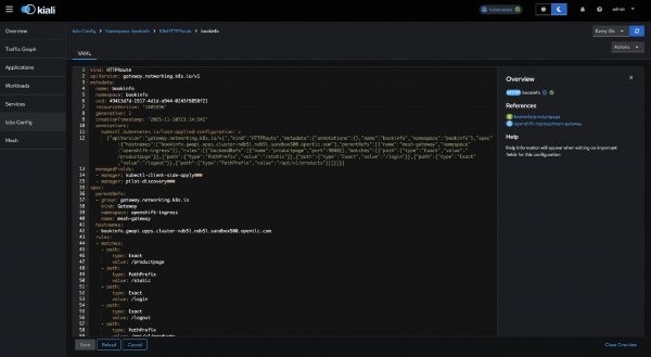 A screenshot of the Istio Config view of the Kiali HTTPRoute configuration.