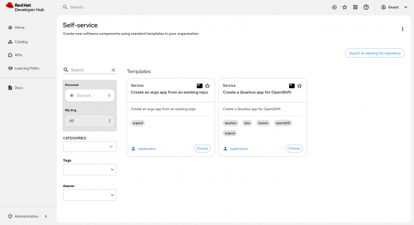 A listing of Software Templates available in RHDH self-service user view.