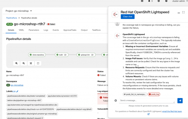 A Red Hat OpenShift Lightspeed chat window provides a root cause analysis for a failed pipeline run in the go-microshop namespace, citing a CreateContainerConfigError and offering troubleshooting steps for environment variables, image pull issues, and resource requests.