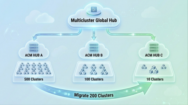 A diagram shows a global multicluster hub and migrating clusters.