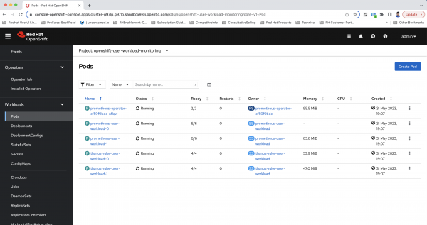 A screenshot of pods created after enabling user workload monitoring in OpenShift project.