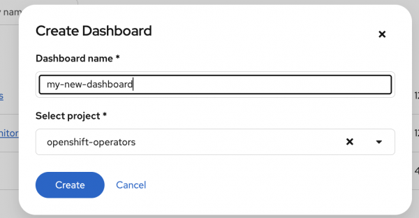 In this dialog box, name the dashboard and select the project to place the Perses dashboard.