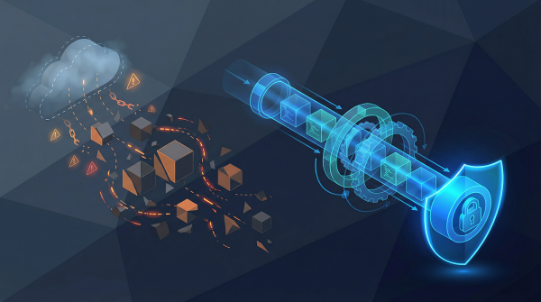 Fragmented orange shapes from a cloud transition into a structured blue pipeline ending at a shield icon with a lock.