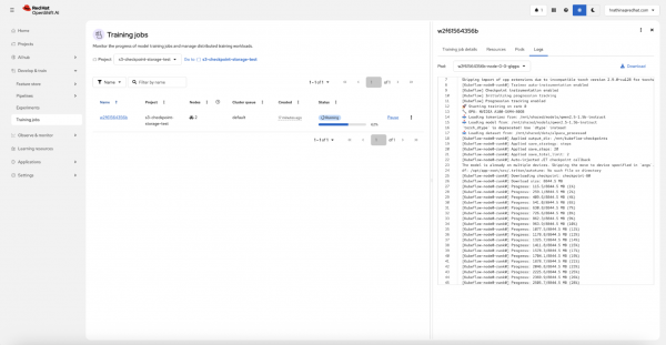 A screenshot of the resumed training job in the OpenShift AI dashboard.