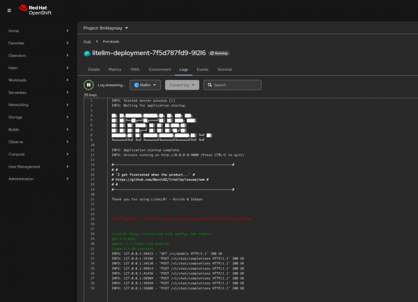 OpenShift console Logs tab displaying successful LiteLLM proxy initialization, loaded models, and HTTP 200 responses.