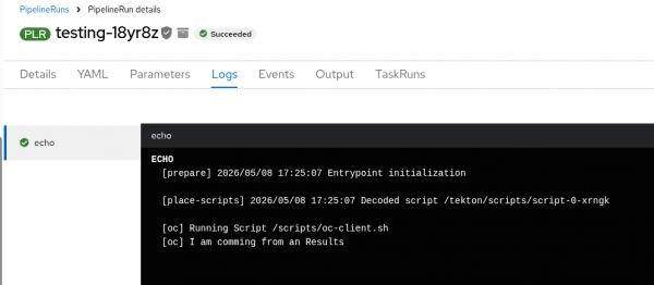 The logs tab in OpenShift displays the PipelineRun logs fetched from Splunk-HEC through the results API.