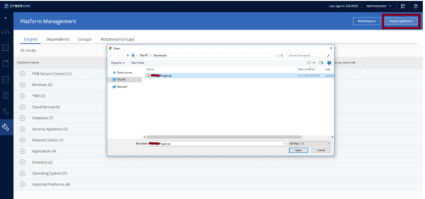 The Platform Management screen shows where you will import the plug-in.