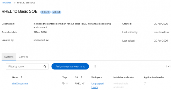 This content template shows one system with no installable advisories and 17 applicable advisories.