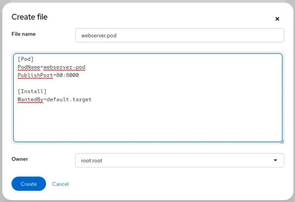 Creating a file in the File plug-in of the web console.