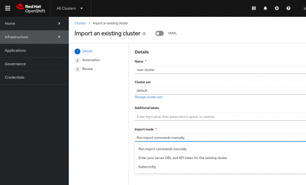 Picture of Opeshift UI for importing an existing cluster