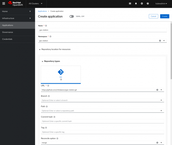 OpenShift UI showing creating an application using the Git subscription option