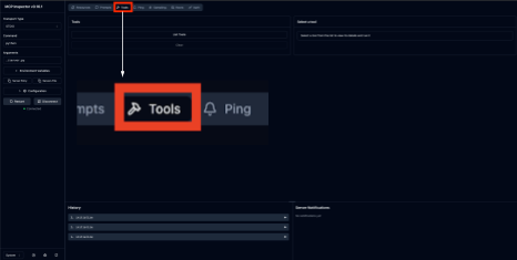 The MCP Inspector dashboard with the Tools tab highlighted at the top of the screen. This indicates where to navigate in the interface to view and manage the connected external tools.