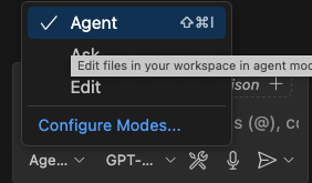 The agent mode option in VS Code chat highlighted in the UI.