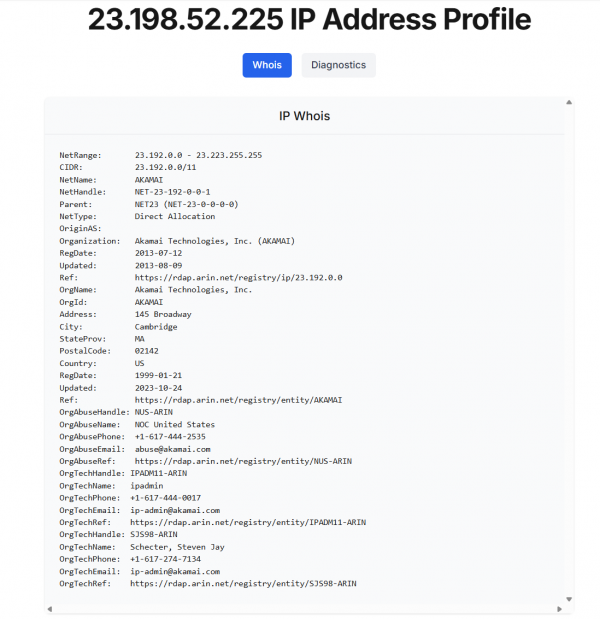 A result from the who.is website for the IP address 23.198.52.225.