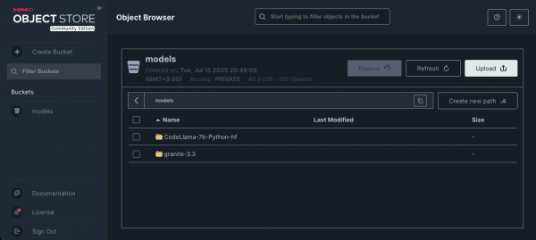 Screenshot of the MinIO Object Browser showing a private models storage bucket containing files for the CodeLlama and granite models.