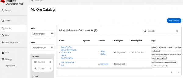 A catalog query from the Developer Hub console provides Components corresponding to AI model servers imported by OpenShift AI Connector for Developer Hub.