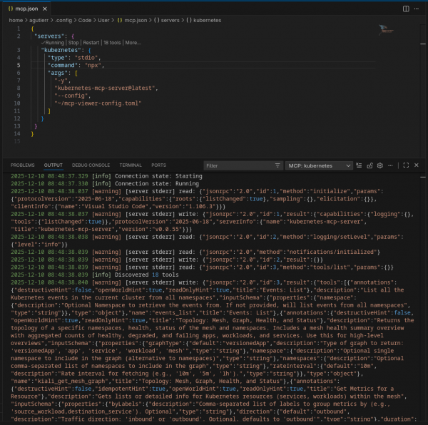 A screenshot of the configuration settings for the Kiali toolset in the Kubernetes MCP server.