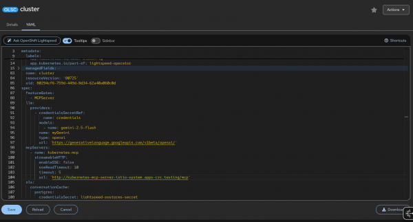 This shows the Kiali toolset OpenShift Lightspeed configuration settings.