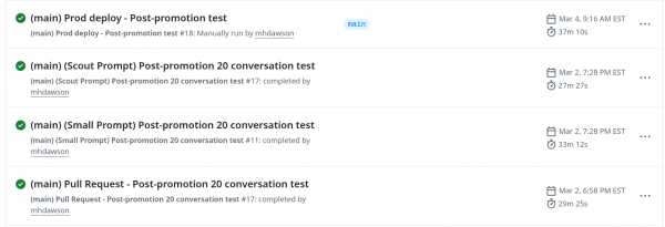 Screenshot of workflows run after promotion of code to main