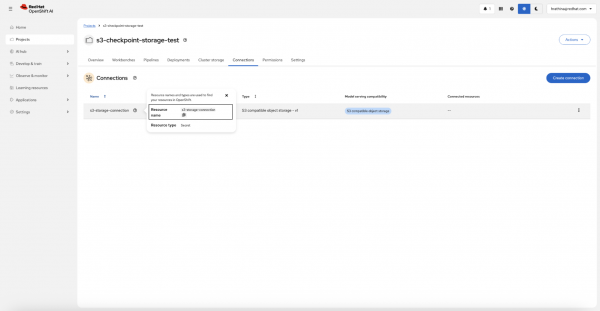A screenshot shows the created S3 data connection with the highlighted resource name.