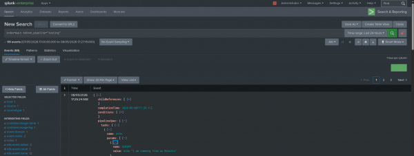 The Splunk-HEC web UI displays the search field with the executed query.