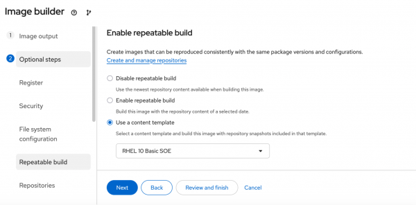 This shows the Enable repeatable build step of the image builder blueprint creation wizard.