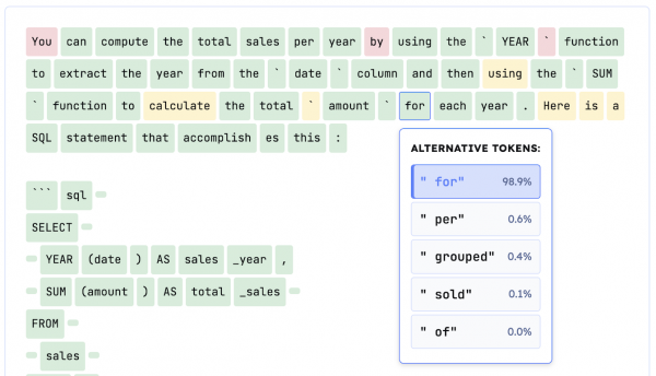 The token distribution for one step in a sample query response to generate a SQL statement that totals sales by year.