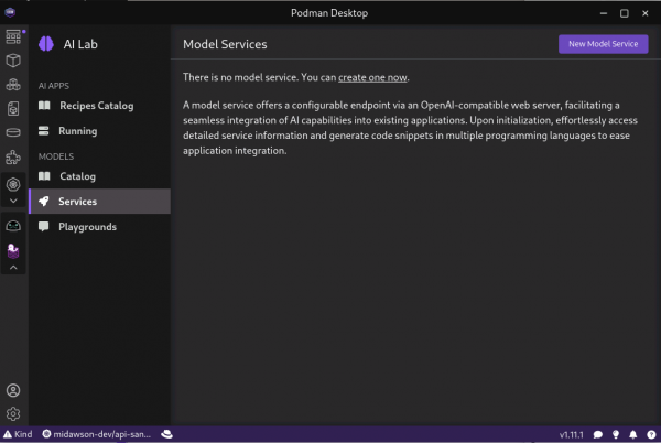 Picture of podman AI lab service page with default text indicating there are no services and providing a link to create one.