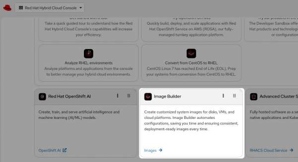 Image Builder tile shown in the Red Hat Hybrid Cloud Console UI.