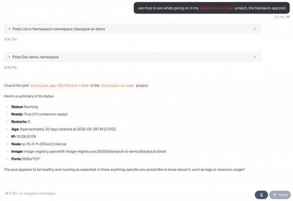 Using the existing Kubeconfig to connect to a Kubernetes cluster, I’m able to ask about specific projects, pods, and more.